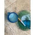 vintage italian cerve blue glass miniature pitcher pair with green saucer