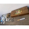vintage wood sewing box with contents