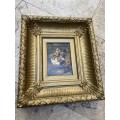 Old ornate  gold wood frame oil painting rooster and chicken