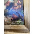 Old ornate  gold wood frame oil painting rooster and chicken