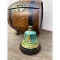 vintage brass bell gold leaf detail painting in Teofani and Co oak barrel trinket  box .