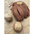 Vintage leather flame baseball  base ball mitt glove and a pair of old Wilson ball balls
