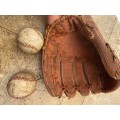 Vintage leather flame baseball  base ball mitt glove and a pair of old Wilson ball balls