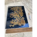 Indian hindu apsaras lotus gold lacquer plaque wall hanging