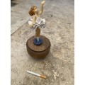 Vintage musical wind up turning wood pedestal with ballerina girl figure
