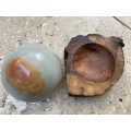 Jasper Polished precious stone sphere 8 cm diameter 24 c, circumference on carved wood base