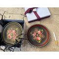 Pair of vintage folk art floral wood decorative wall plates hand painted