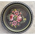 Pair of vintage folk art floral wood decorative wall plates hand painted