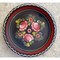 Pair of vintage folk art floral wood decorative wall plates hand painted