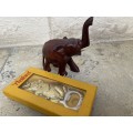 Vintage trunk up elephant wood figure & magnet bottle opener Thailand pair