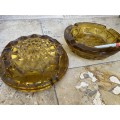 Vintage retro heavy amber glass ashtray pair