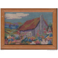 Small tapestry of cottages, framed as picture,E.WOLLEN &Co, THE PICTURE HOUSE, CAPETOWN