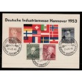 Germany 1952 Humanitarian Relief set on souvenir card, c.d.s. (20a)HANNOVER 1 DEUTSCHE INDUSTRIE-MES