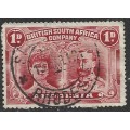 Rhodesia / B.S.A.Co., GVR, 1910, double head, 1d carmine, perf 15, ` O_D flaw` used