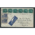 South Africa, air mail 9d DURBAN 12 NOV 47 > England, 3 x pairs of 1/2d coil stamps