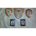 5 small sports trophies, plaques