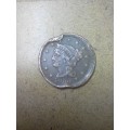 A SCARCE 1853 USA ONE CENT  COIN - RIM DAMAGED