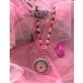Pink Crackle bead necklace with large mandala pendant