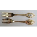 Vintage - EETRITE 24 Carat Gold Plated Cake Forks with White Porcelain and Blue Rose Design Tops