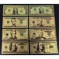 USA 1 Dollar To 100 Dollars, 24k Gold Plated Replica.Banknotes. 8Pcs.