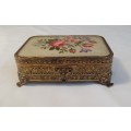 A MAGNIFICENT  VINTAGE BRASS AND EMBROIDERY MUSICAL  JEWELRY BOX