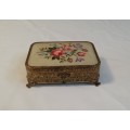A MAGNIFICENT  VINTAGE BRASS AND EMBROIDERY MUSICAL  JEWELRY BOX