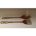 large solid brass spoon and fork  44 cm x 9 cm
