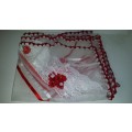 cover net cloth  with red crochet edge  flowers and lace