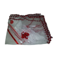 cover net cloth  with red crochet edge  flowers and lace
