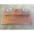 Lovely Vintage Double Glass Pot Inkwell On Wooden Stand
