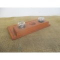 Lovely Vintage Double Glass Pot Inkwell On Wooden Stand