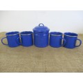 Nice Set Of Four Speckled Blue Enamel Mugs And Speckled Blue Lidded Sugar Bowl