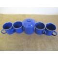 Nice Set Of Four Speckled Blue Enamel Mugs And Speckled Blue Lidded Sugar Bowl