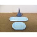 For Analda`s Bid Only - Two Vintage Old School Enamel Soap Dishes And Enamel Funnel