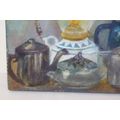 Two lovely and colorful oil paintings on canvas of kitchen scenes