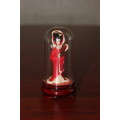 Vintage Hand Sculpted Miniature Japanese Geisha in red dress on wooden base with glass dome 8.6cm