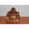 VINTAGE HANDCARVED HARDWOOD CHINESE BUDDHA 17CM TALL BY 18CM