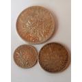 France -3 x Silver Coins -1960 -5 Francs, 1916 -1 Franc and 1912 -50 Centimes.