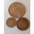 France -3 x Silver Coins -1960 -5 Francs, 1916 -1 Franc and 1912 -50 Centimes.