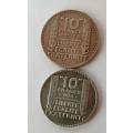 France-1933 and 1934 -2 x 10 Francs Silver Coins.