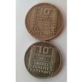 France-1933 and 1934 -2 x 10 Francs Silver Coins.