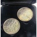 TWO 500 BF BELGIUM SILVER COMMEMORATIVE COINS  INDEPENDENCE FROM THE NETHERLANDS 1830 - 1980