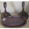 Teak bowl and two candle holders