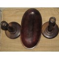 Teak bowl and two candle holders