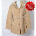 Ladies long faux suede coat with removable fur collar