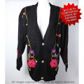 Womens large size black bohemian jersey with floral knit embroidery