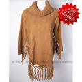 Beautiful cowl neck tan brown cable knit wool blend poncho with sleeves and tassles