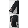 Ladies high stretch three quarter sleeve black asian motif top