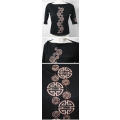 Ladies high stretch three quarter sleeve black asian motif top