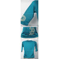 Ladies high stretch three quarter sleeve teal blue asian motif top